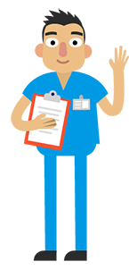 Cartoon image of man wearing blue scrubs and holding a clipboard. He is smiling and waving to the viewer.